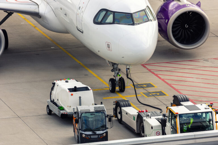 Modern regional jet aircraft airport tarmac connected to ground vehicles for refueling maintenance. Engine cockpit clearly visible crew performs technical operations before next scheduled flight