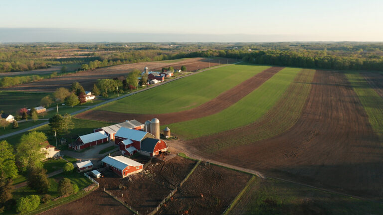 Aerial view of american countryside landscape. Farm, red barn, cows. Rural scenery, farmland. Sunny morning, spring summer season